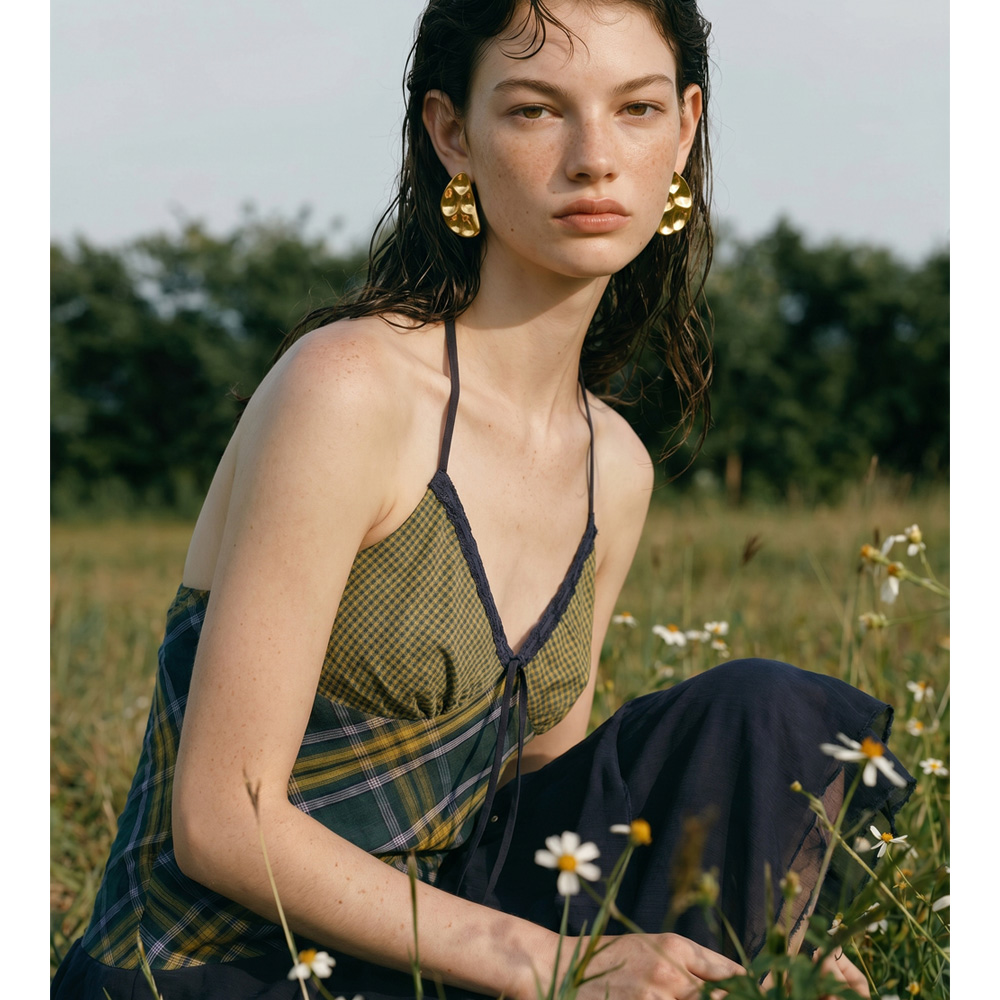Model wearing Moonshine Earring - 18K Gold Plated Hammered Statement Earrings