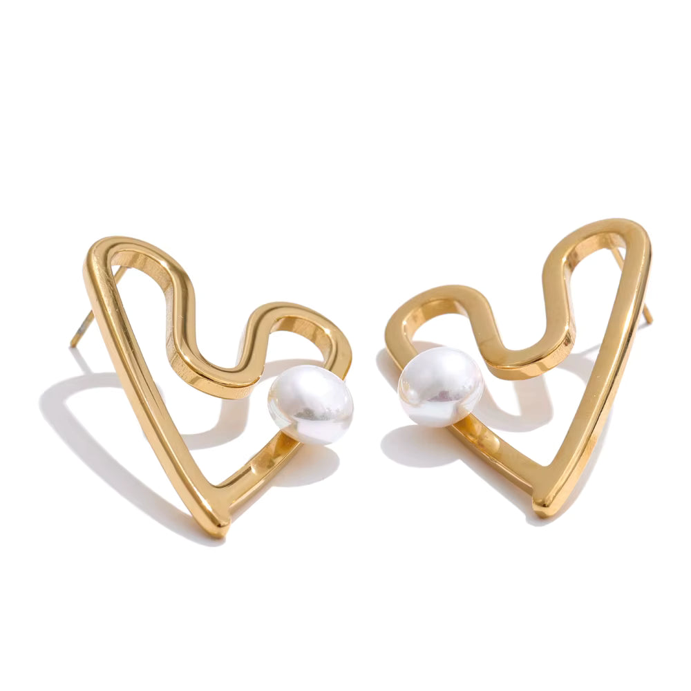 Hollow Heart Pearl Studs