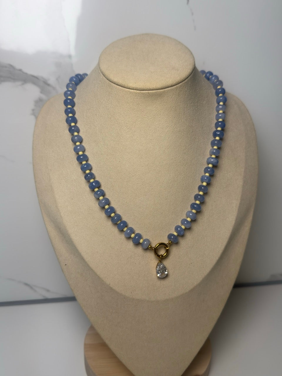 Aurora Necklace in Celeste - blue iridescent beads with crystal teardrop charm