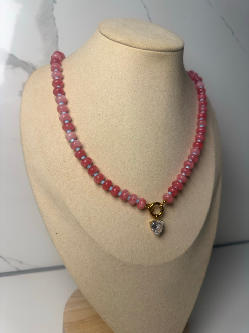 Aurora Necklace in Rose - pink iridescent beads with crystal heart charm