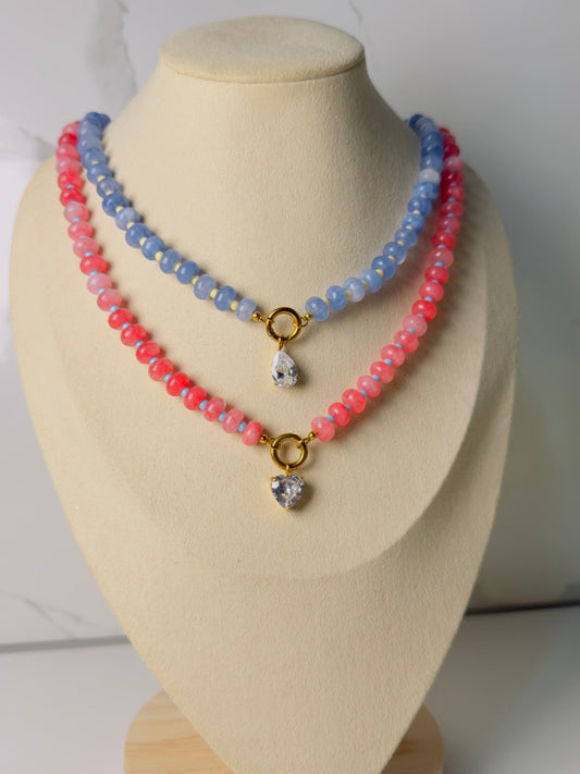 Aurora Necklace in Rose and Celeste - both colorways on mannequin bust