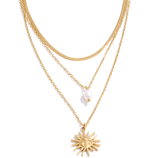 Marla Necklace - 18K Gold Triple Layer Sun Pendant Necklace