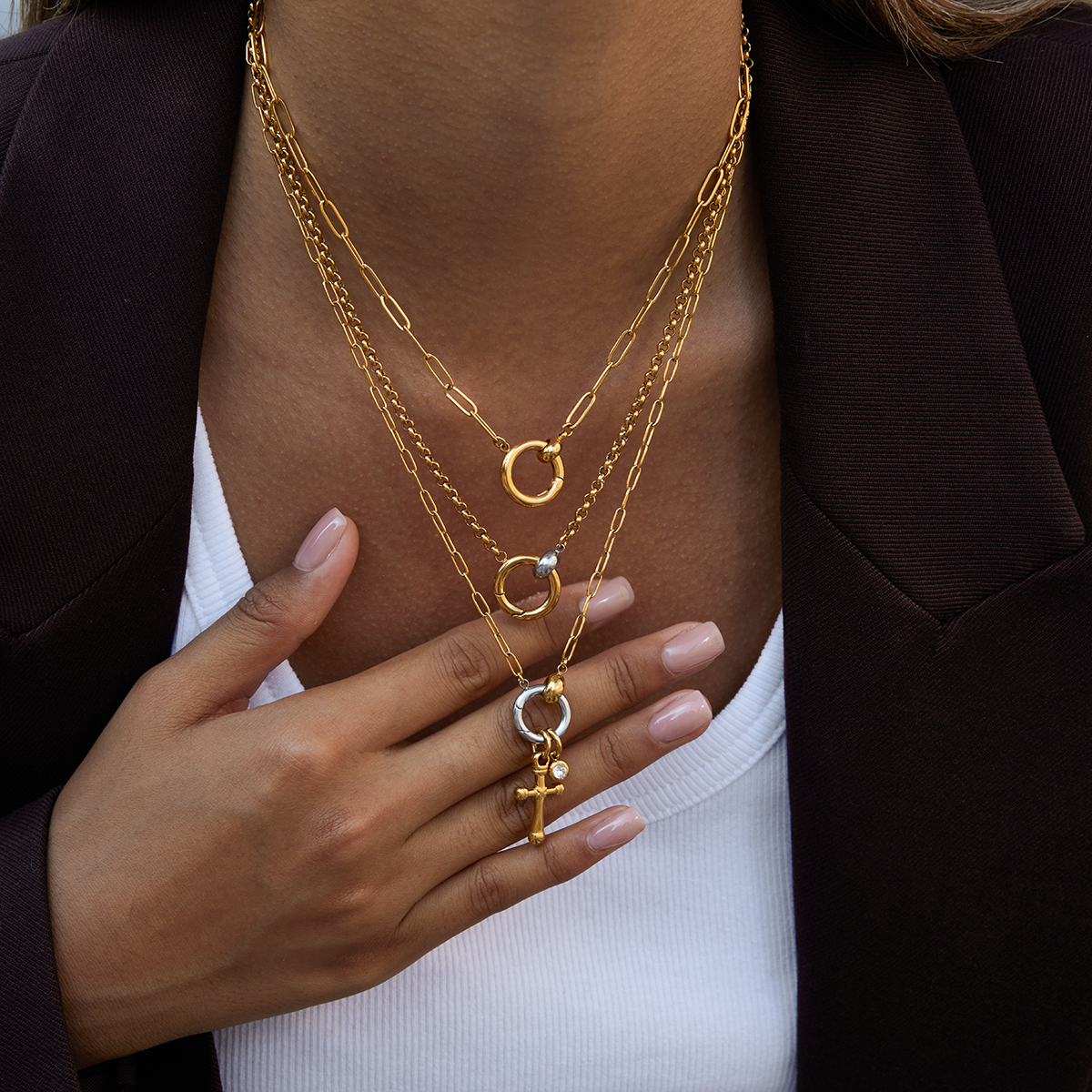 Holy Cross Necklace - 18K Gold Triple Layer Chain with Cross Charm