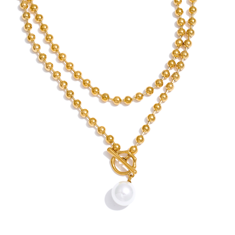 Perly Necklace - 18K Gold Double Ball Chain with Pearl Pendant